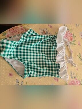 Girls' Green & White One-Piece Swimsuit with Ruffle 4-5T